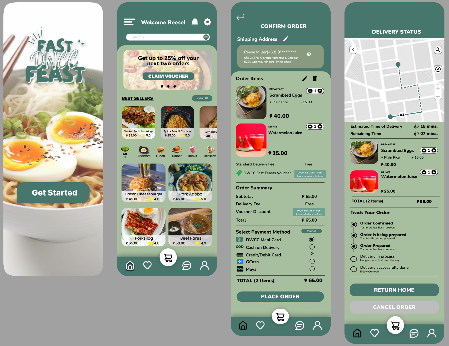 DWCC Fast Feast food-ordering app concept showing its menu, order checkout, payment options, and delivery tracking screens