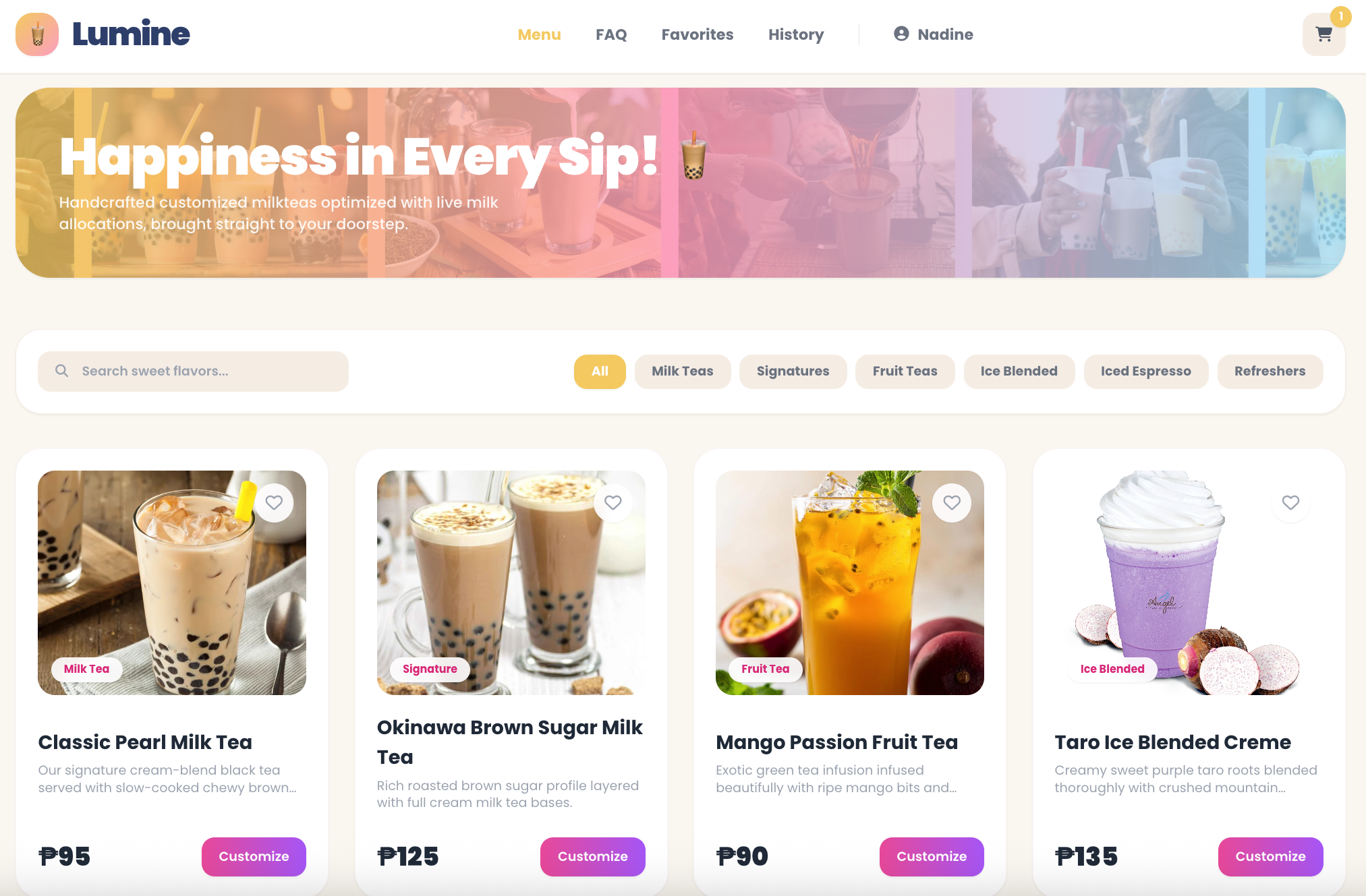 Lumine e-commerce milk tea storefront showing menu categories and drink product cards