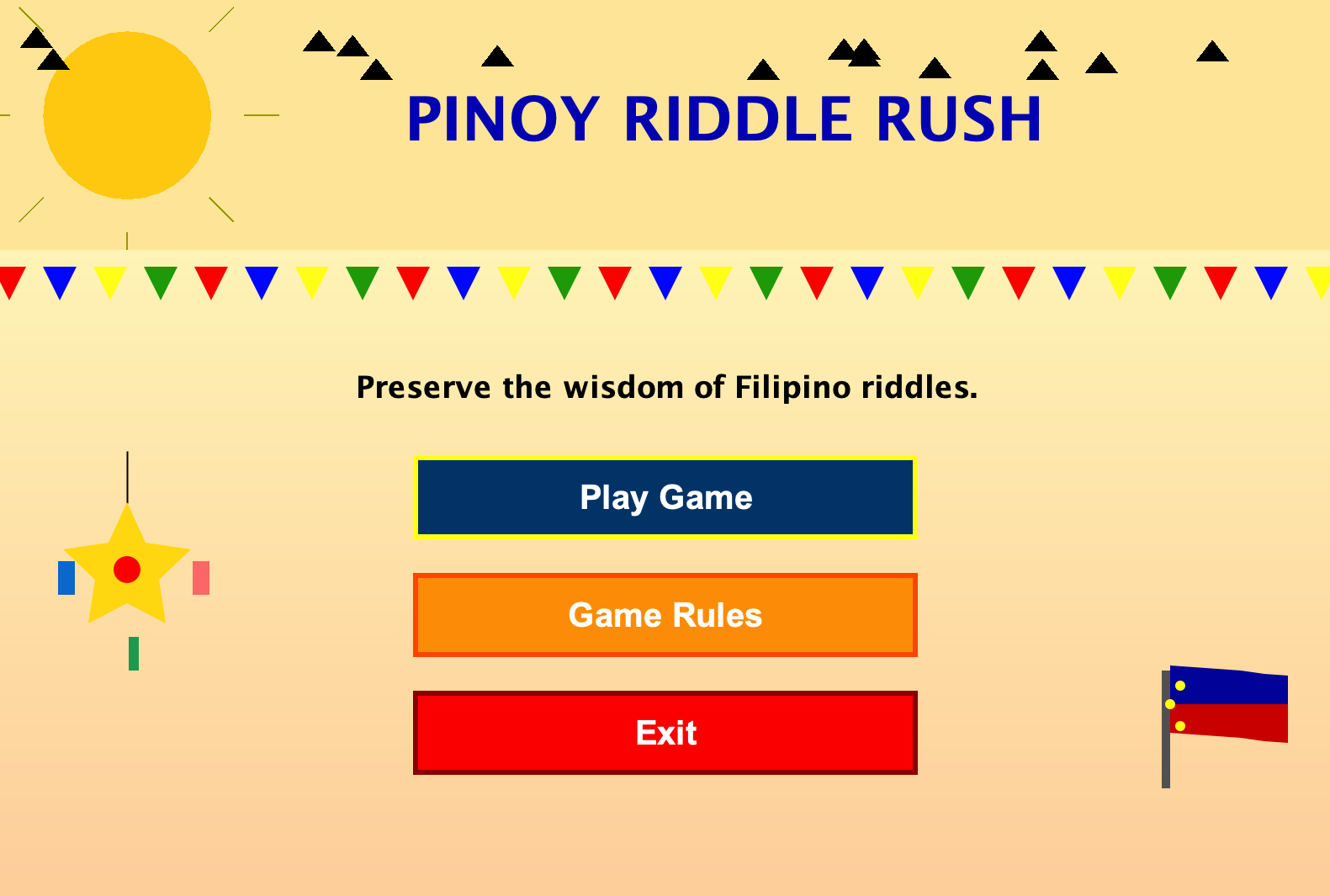 Pinoy Riddle Rush Java game main menu with Play Game and Game Rules options