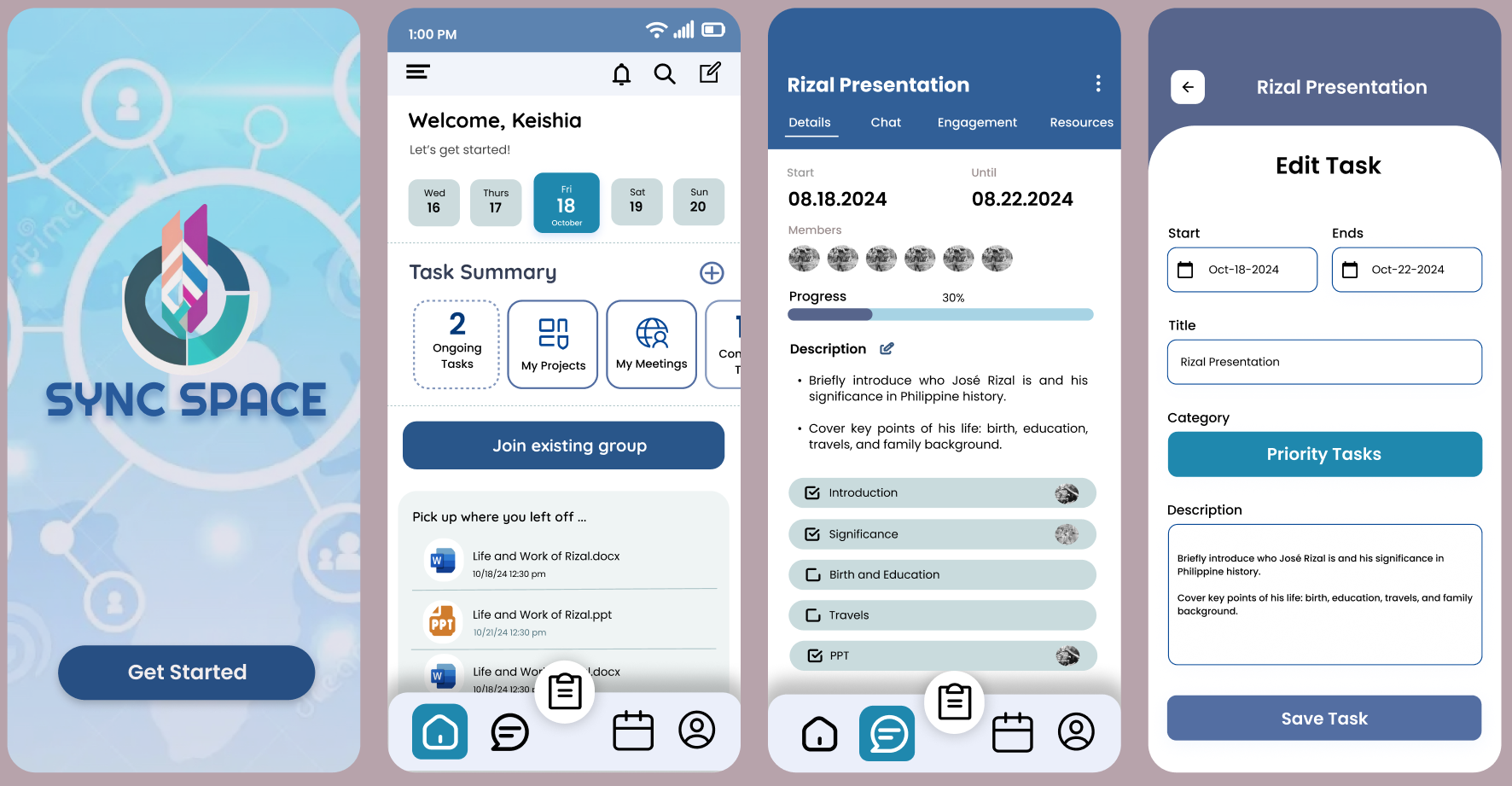 Sync Space student collaboration app concept showing its dashboard and a shared group project